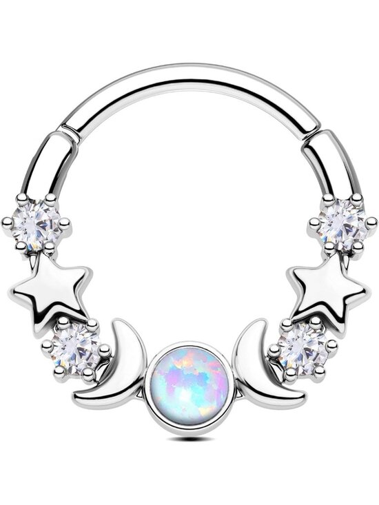 Jewelry - Opal Moon Phase Septum Ring 16G - Stainless Steel Daith Piercing Hoop Jewelry